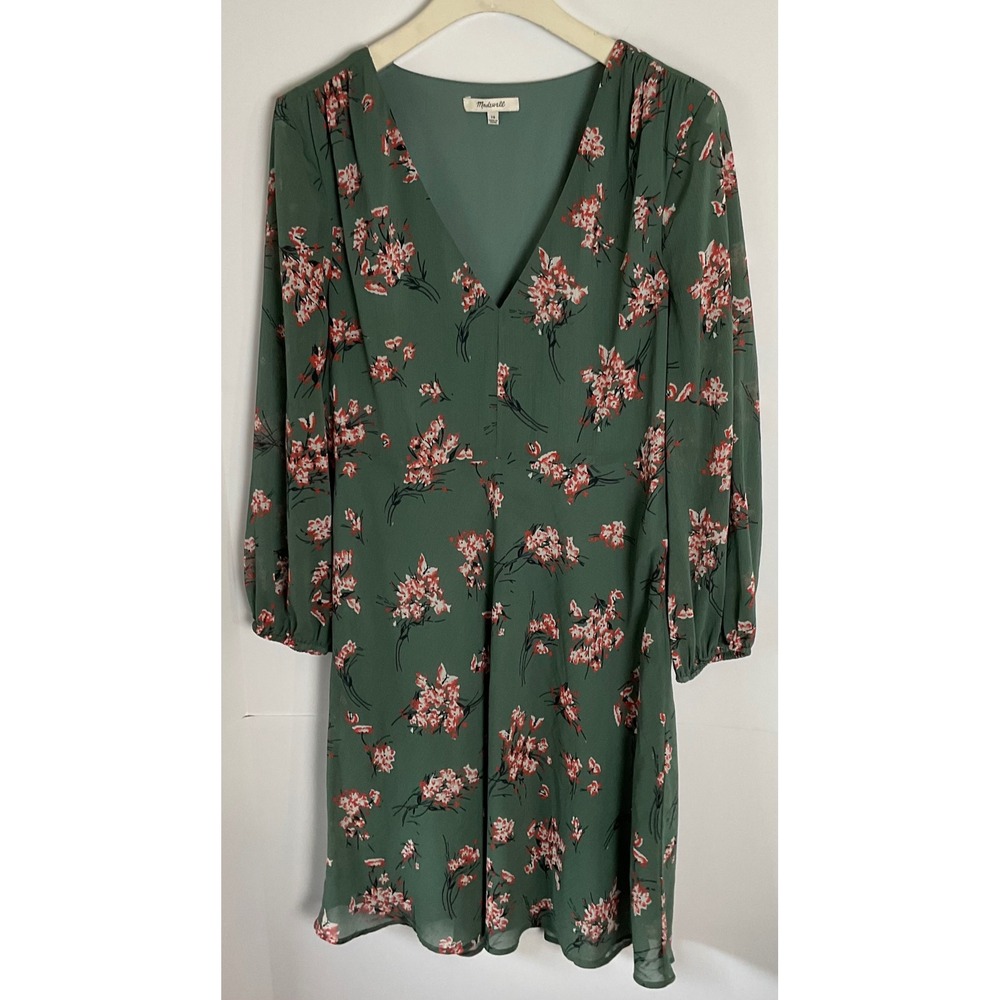 Madewell Green Floral V-Neck Long Sleeve Mini Dress H8357 Womens Size 10 Green
